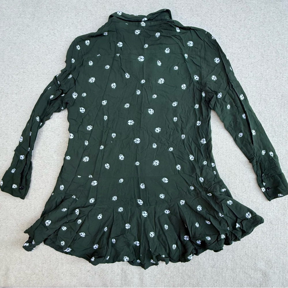 Anthropologie 11-1-Tylho Lakin Tunic Blouse Green Ladybug Insect Print Peplum S - Picture 8 of 8